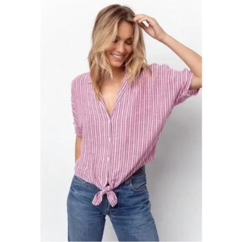 Rails Linen Tie Front Blend V-neck Marley Blouse In Lucia Stripe Size Medium